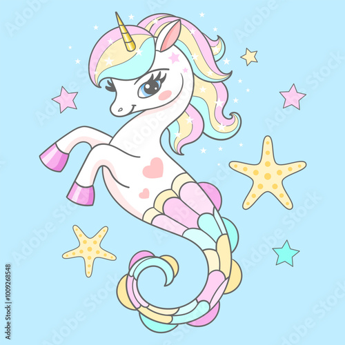 Cute seahorse unicorn with rainbow mane with starfish. Magic theme. For children's design prints, posters, cards, stickers, puzzles. Vector illustration