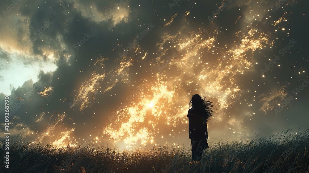 Silhouette of a Woman Gazing at a Dreamy Sky Silhouette of a Woman Gazing at a Dreamy Sky