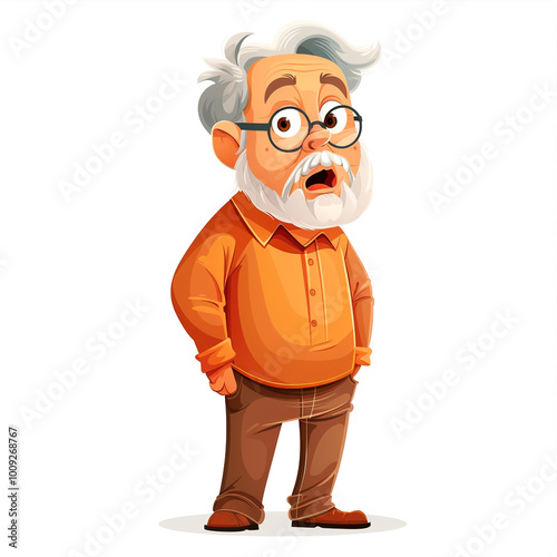 Elderly man with glasses surprised by unexpected news in vibrant cartoon style