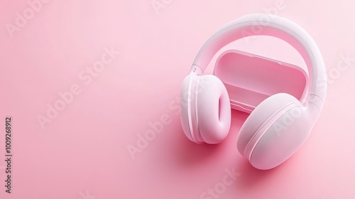 Wireless inear headphones with a case on a pink background flat lay : Generative AI photo