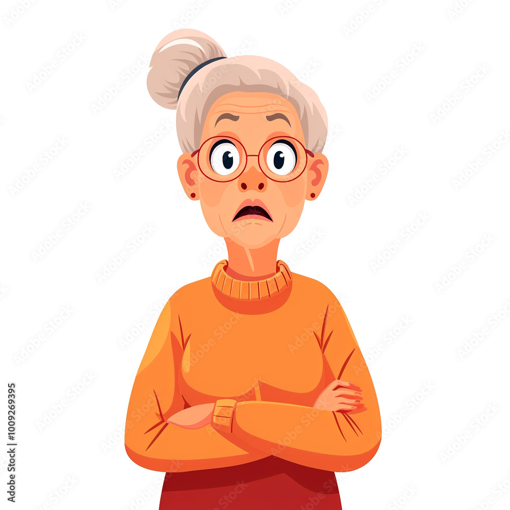 An elderly woman with an expressive face shows surprise and concern in her cozy sweater An elderly woman with an expressive face shows surprise and concern in her cozy sweater