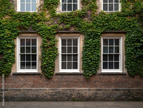 Symmetrical Windows in Ivy-Covered Brick Wall Tranquil Urban Oasis with White Frames, Green Foliage and Vintage Charm - Architectural Photography