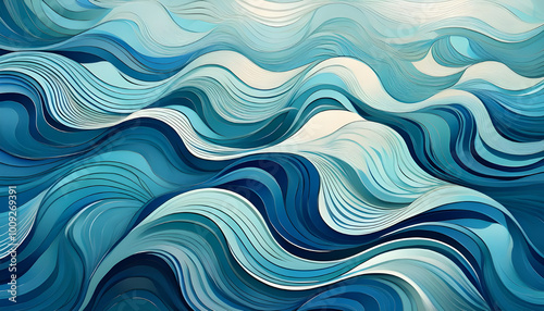 Abstract ocean waves in varying shades of blue with flowing lines creating a dynamic texture and movement