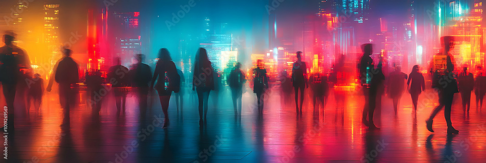 Fototapeta premium Blurred Silhouettes of People Walking in a City with Neon Lights and Reflections