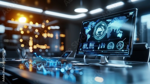 Wallpaper Mural A computer monitor displays a map and charts in an office setting. Torontodigital.ca