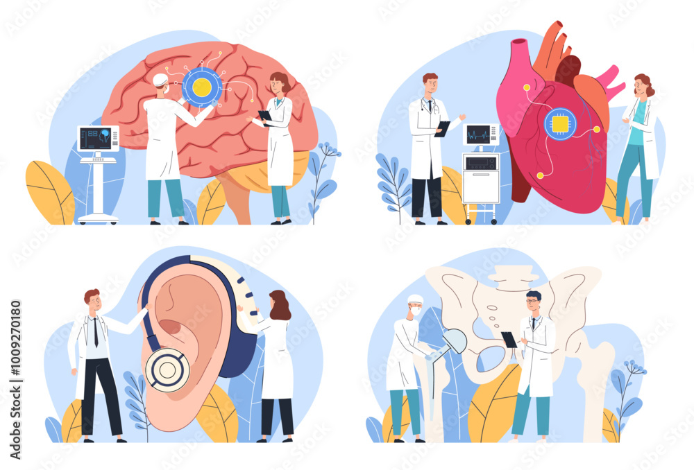 Biotechnology artificial implant. Treatment and improvement of the human body. Modern scientific doctoral studies on human capabilities. Vector illustration Biotechnology artificial implant. Treatment and improvement of the human body. Modern scientific doctoral studies on human capabilities. Vector illustration