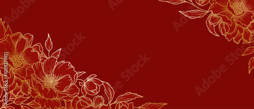 Luxury floral red background with golden Peony flowers in line art style. Floral pattern for Chinese New Year. Vector for card, banner, wedding invitation, cover, wallpaper, packaging, advertising    