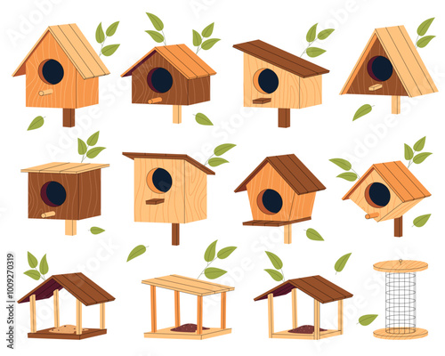 Houses for birds. Feeders and houses for birds. Homemade wooden nests. Beautiful birdhouses on a tree. Vector illustration