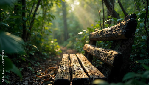 An old bench in the middle of the jungle basking in nature sunlight