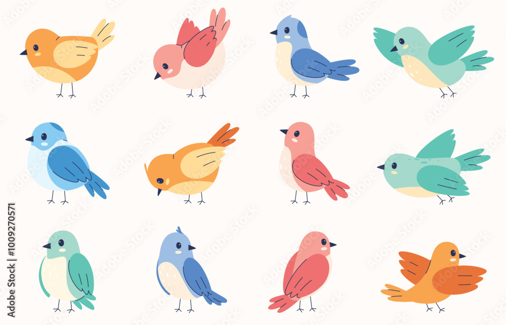 Set of flying and sitting cute birds. Colorful beautiful birds. Cute flying creatures. Vector illustration
