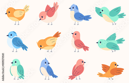 Set of flying and sitting cute birds. Colorful beautiful birds. Cute flying creatures. Vector illustration