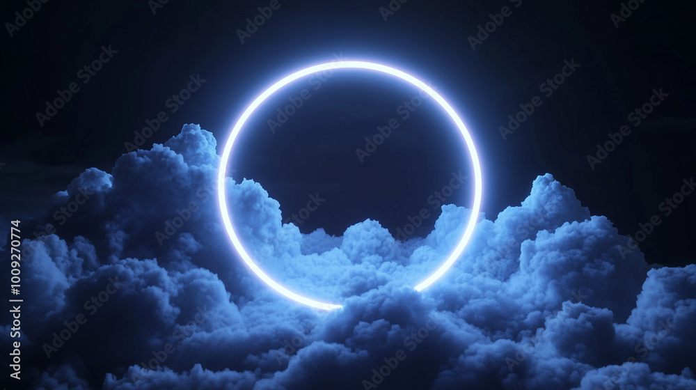 Fototapeta premium Na ciemnym, nocnym niebie widnieje abstrakcyjna chmura, oświetlona intensywnym neonowym pierścieniem.