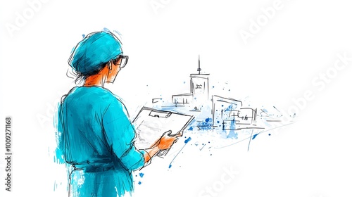 A nurse with a patient chart clipart, healthcare worker, handdrawn style, green scrubs, isolated on white background