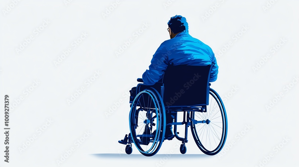 Obraz premium A patient in a wheelchair clipart, healthcare support, flat cartoon style, light blue, isolated on white background