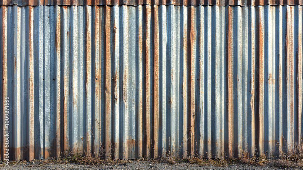 Obraz premium weathered metal wall with vertical corrugated patterns, showcasing rust and wear