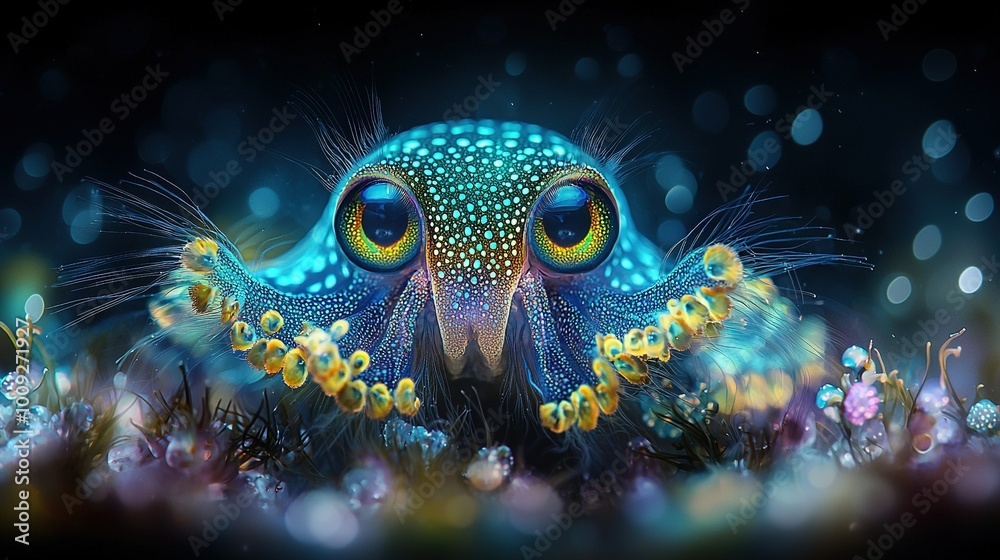   A vibrant digital artwork portrays an octopus of blue and yellow hue amidst a seaweed bed of the same colors against a backdrop of obsidian