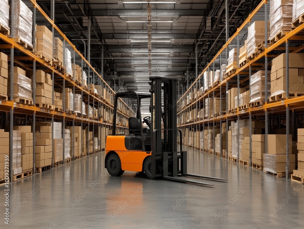 Vibrant Orange Forklift in Warehouse Aisle - Industrial Efficiency and Precision Concept with Metallic Shelves and Cardboard Boxes Vibrant Orange Forklift in Warehouse Aisle - Industrial Efficiency and Precision Concept with Metallic Shelves and Cardboard Boxes