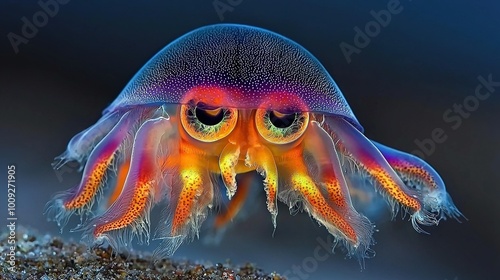   a jellyfish's head with bright eyes illuminated by sunlight photo