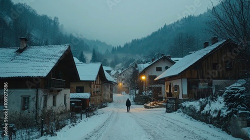 Enchanting Winter Village Scene with Solitary Figure Walking Through Snowy Landscape at Dusk photo