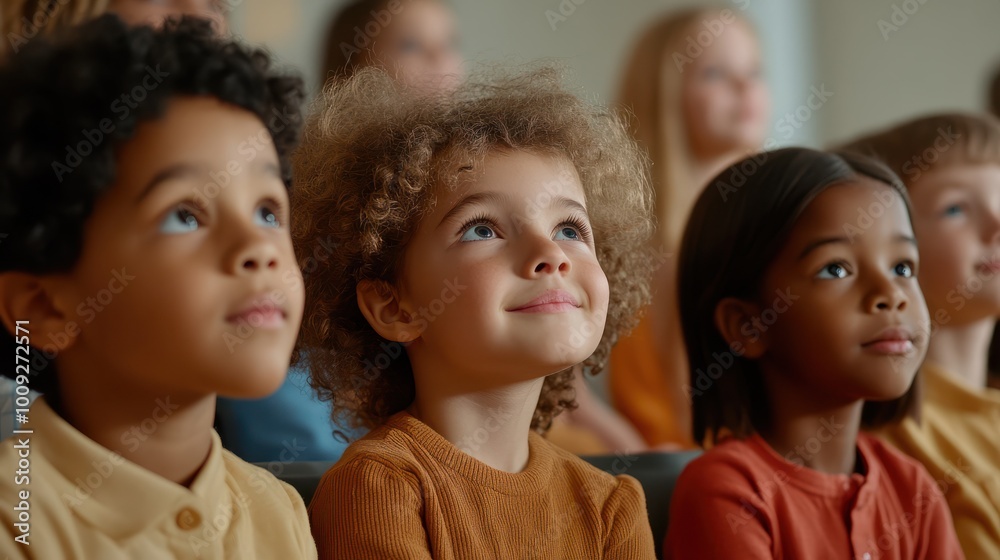 A group of diverse children sitting attentively, watching a performance or presentation with bright smiles. A group of diverse children sitting attentively, watching a performance or presentation with bright smiles.