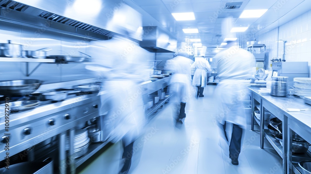 Obraz premium A busy kitchen with chefs working quickly, symbolizing the fast paced environment of culinary arts. This conveys the dynamics of food preparation and teamwork in a restaurant setting.