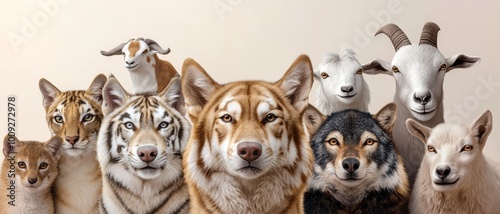 Enchanting Menagerie Captivating Closeup of Eight Animal Heads in Harmonious Array, Soft Fur Textures, Minimalist Off-White Background - Playful, Calm, Nature Inspired