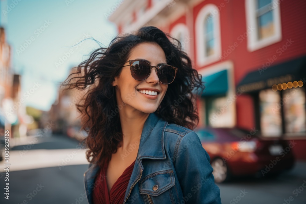 Portrait of a glad woman in her 30s wearing a trendy sunglasses while standing against charming small town main street Portrait of a glad woman in her 30s wearing a trendy sunglasses while standing against charming small town main street