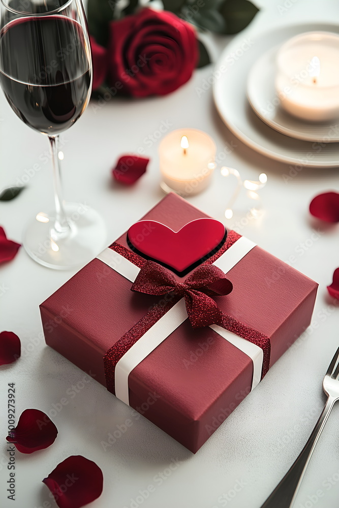 A wrapped red gift box with a heart-shaped bow, rose petals and candles on a romantic dinner table, St Valentines day A wrapped red gift box with a heart-shaped bow, rose petals and candles on a romantic dinner table, St Valentines day