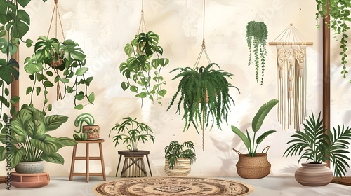 Bohemian Oasis Illustrated Set of Flourishing Houseplants in Macrame Hangers and Woven Baskets photo