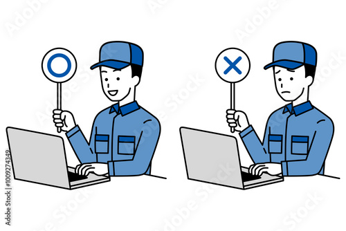 ○×マークを上げるノートパソコンで仕事をしているつなぎ作業服の男性
