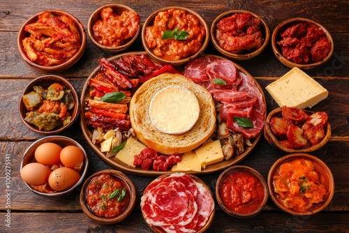 Wallpaper Mural Artisanal Spanish Tapas Feast Close-Up View of Colorful Mediterranean Delights on Rustic Wooden Table Vibrant Food Array for Restaurant Promotion or Recipe Book Torontodigital.ca