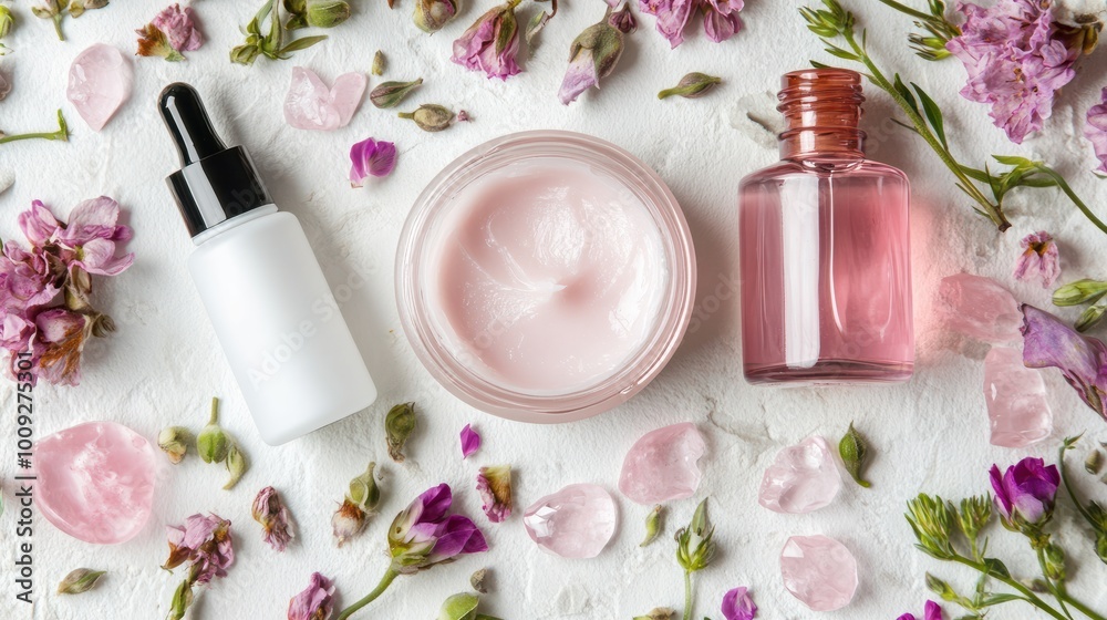 A top down view of cream in a jar serum in a bottle and a facial roller made of crystal rose quartz on a white background The arrangement is presented in a flat lay style with ample copy space for cu A top down view of cream in a jar serum in a bottle and a facial roller made of crystal rose quartz on a white background The arrangement is presented in a flat lay style with ample copy space for cu