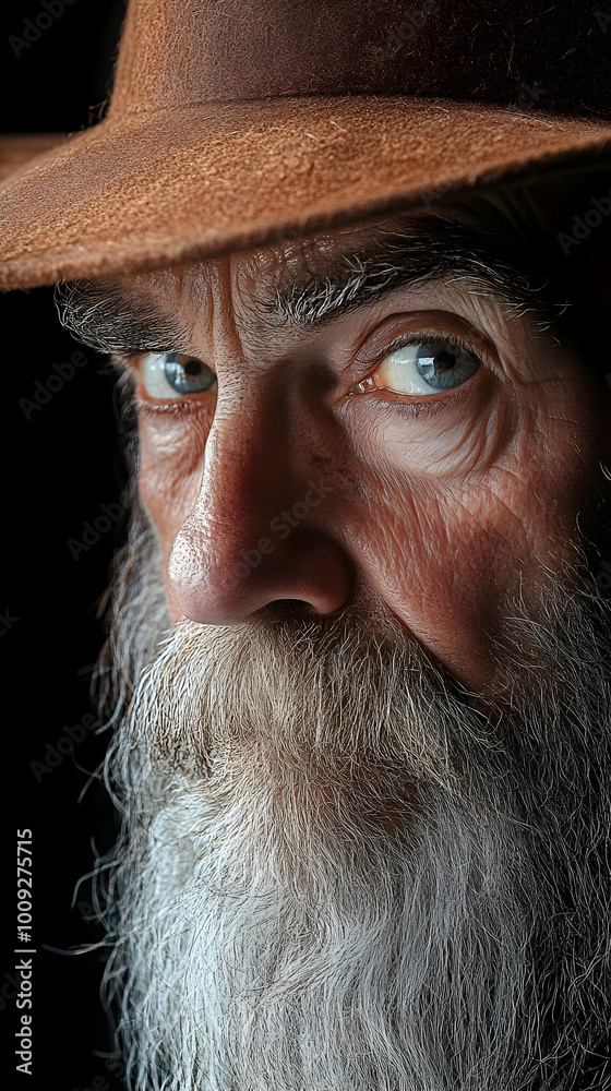 Close-up Portrait of an Elderly Man with a Long White Beard Wearing a Brown Hat, Looking Intently into the Distance, with Wrinkles on His Face, in Black and White Tones Close-up Portrait of an Elderly Man with a Long White Beard Wearing a Brown Hat, Looking Intently into the Distance, with Wrinkles on His Face, in Black and White Tones