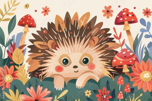 Whimsical hedgehog in vibrant flower garden