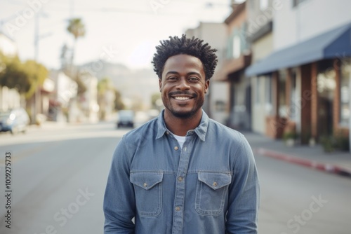 Portrait of a smiling afro-american man in his 50s sporting a versatile denim shirt isolated in charming small town main street