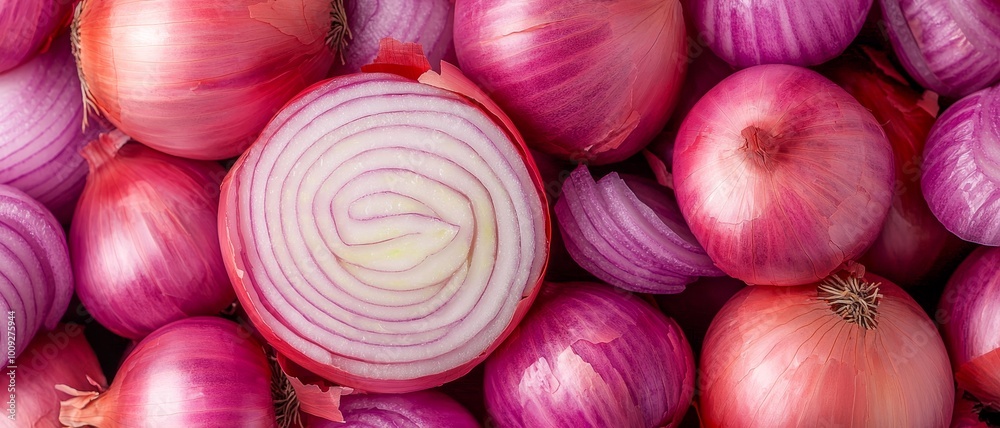 Vibrant Red Onion Halves Closeup on Dark Background - Fresh Organic Ingredients for Gourmet Cooking, Food Blog, and Culinary Artistry Vibrant Red Onion Halves Closeup on Dark Background - Fresh Organic Ingredients for Gourmet Cooking, Food Blog, and Culinary Artistry