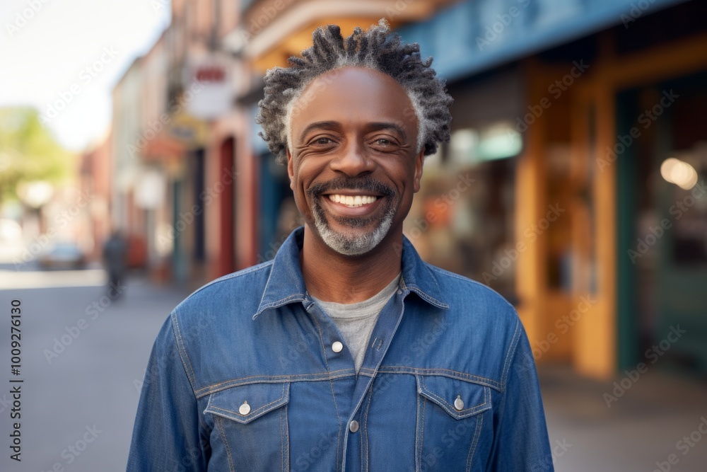 Portrait of a smiling afro-american man in his 50s sporting a versatile denim shirt isolated on charming small town main street Portrait of a smiling afro-american man in his 50s sporting a versatile denim shirt isolated on charming small town main street