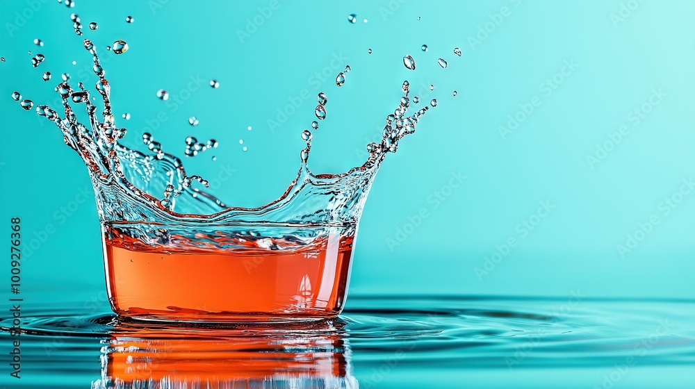 A blue background with an orange juice glass containing water on one side A blue background with an orange juice glass containing water on one side