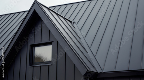 close up view of modern gray metal roof with sharp angles and sleek design, showcasing architectural details and textures. roof features contemporary style that enhances overall aesthetic of