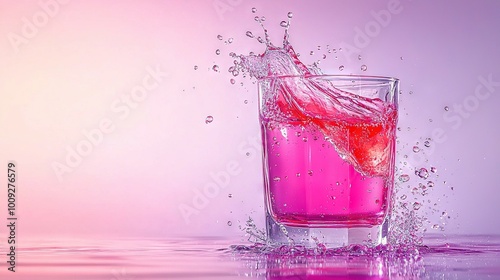  A pink liquid splashes into a glass filled with water against a purple-pink backdrop, with a water droplet on the glass's surface