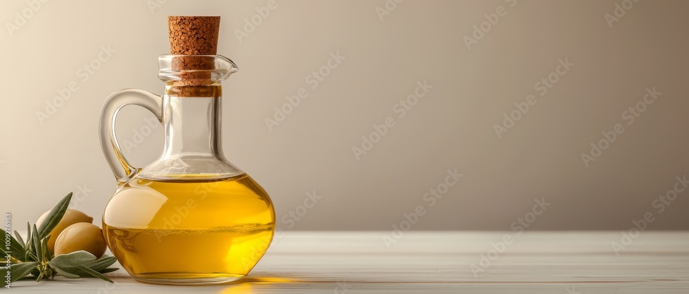 Golden Olive Oil Decanter on White Wooden Table - Serene Natural Elegance for Culinary Delights Golden Olive Oil Decanter on White Wooden Table - Serene Natural Elegance for Culinary Delights