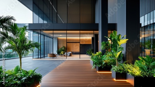 Modern office building with a green outdoor patio.