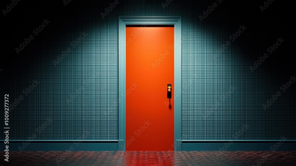 Vibrant red door in a dimly lit hallway