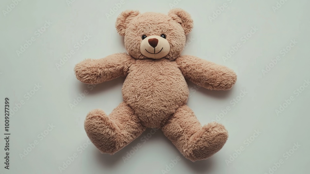 Obraz premium Cuddly Brown Teddy Bear Closeup on White Surface, Innocent and Comforting Toy for Kids, Simple and Playful Concept, Ideal for Product Photography and Stock Images