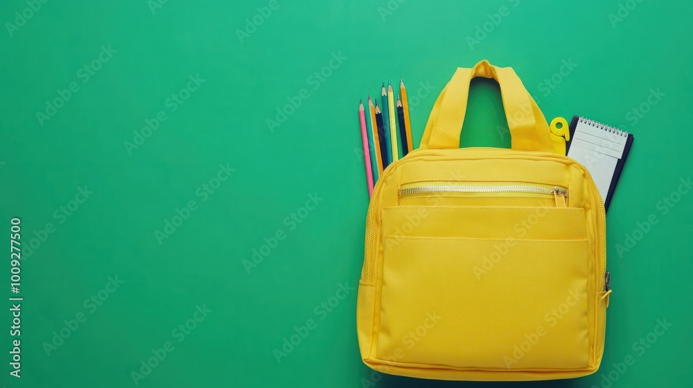 A yellow backpack with school supplies inside, on a green background. Back to School concept. Presented in a flat lay style. Copy space for text or product display A yellow backpack with school supplies inside, on a green background. Back to School concept. Presented in a flat lay style. Copy space for text or product display