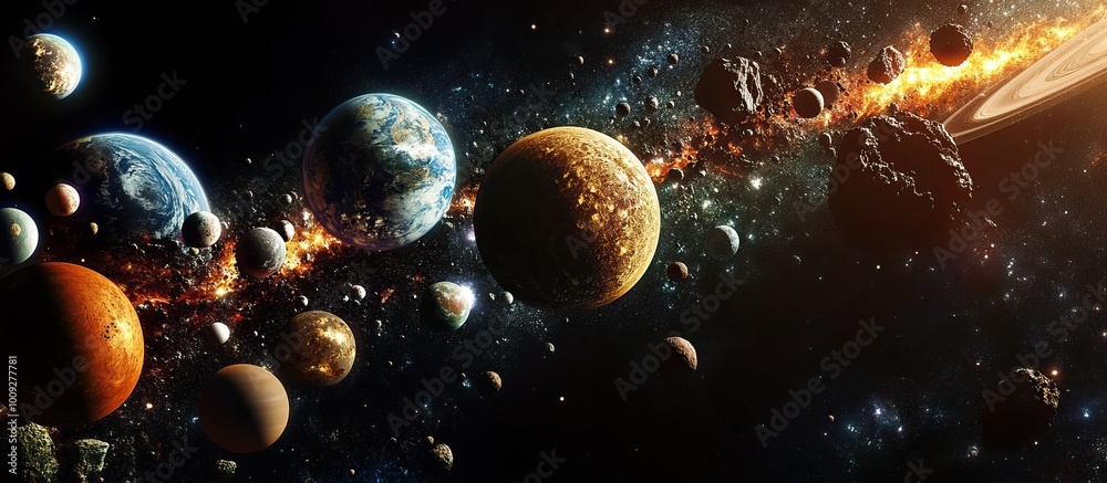 Naklejka premium Cosmic Collision: Planets and Asteroids in a Fiery Dance