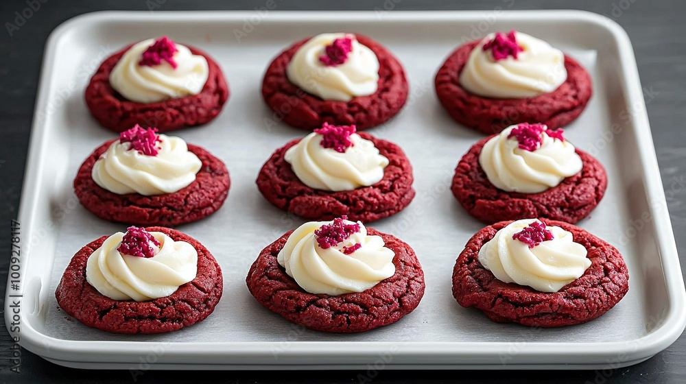 Red velvet cookies with white frosting and a bitten-out cookie Red velvet cookies with white frosting and a bitten-out cookie