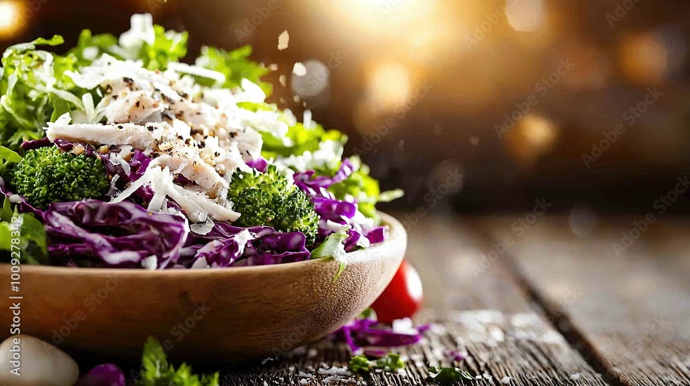Broccoli and shredded cheese topped salad in wood bowl Broccoli and shredded cheese topped salad in wood bowl