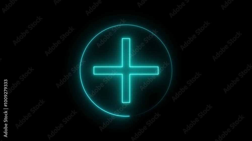 Plus icon neon animation inside a neon circle. Glowing neon sign plus animation on black background. Plus icon neon animation inside a neon circle. Glowing neon sign plus animation on black background.