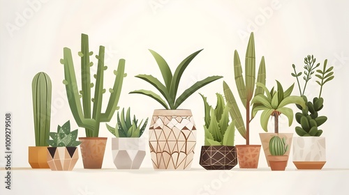 Geometric Garden A Vibrant Collection of Houseplants in Ceramic Pots